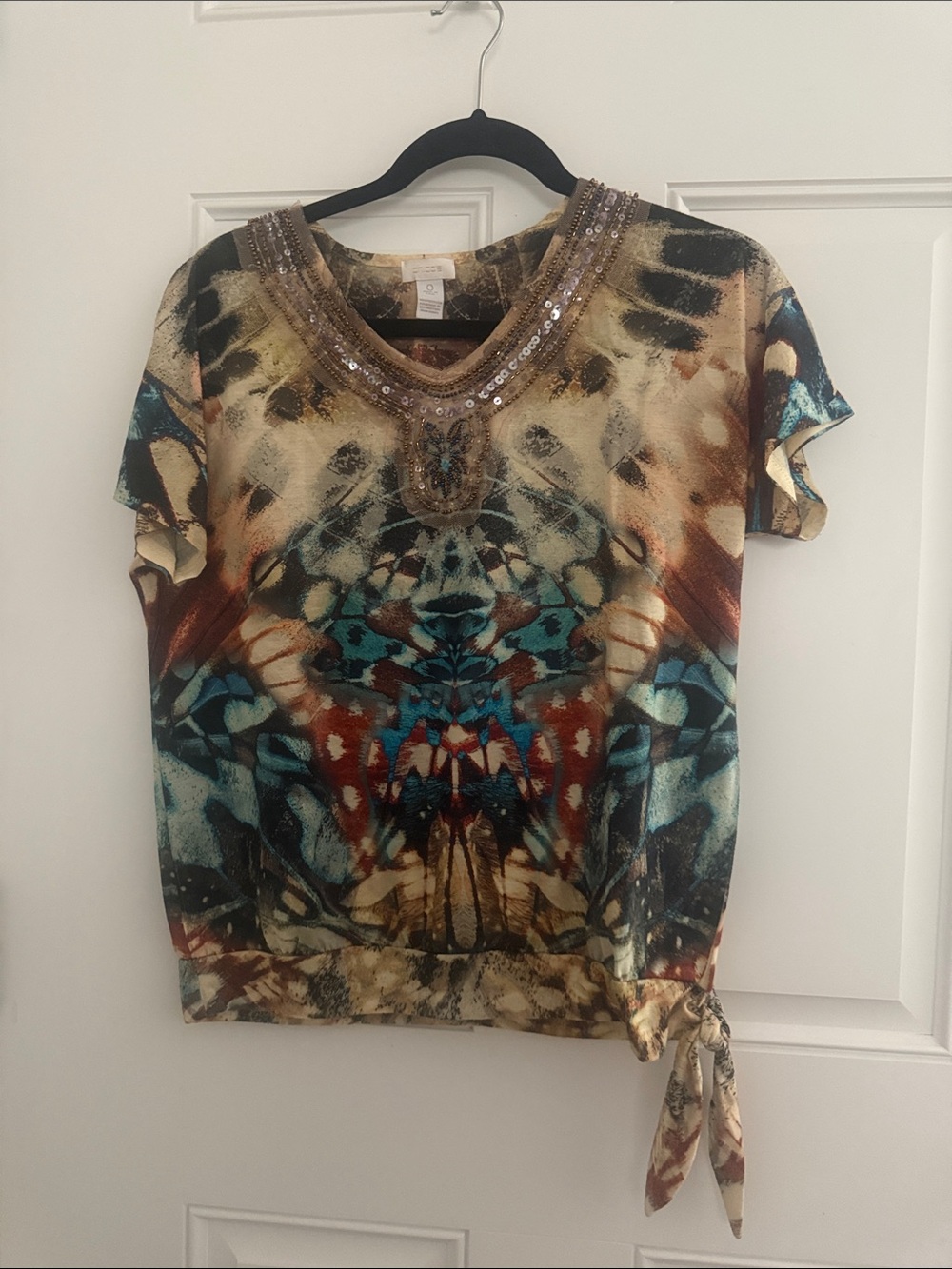 CHICO’S Sequin-Trim Multicolor Printed Women’s Top